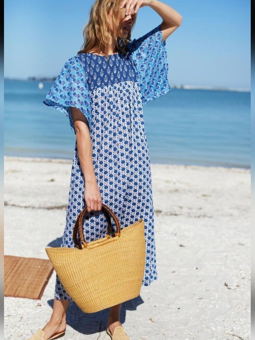 Emerson Fry Basalie Midi Dress in Patchwork Blues Blockprint Bell Sleeve S